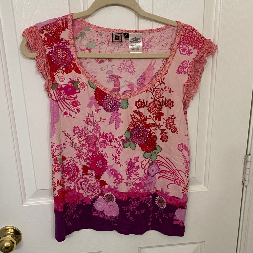 Forbidden Pink Floral Top with Heart Tag